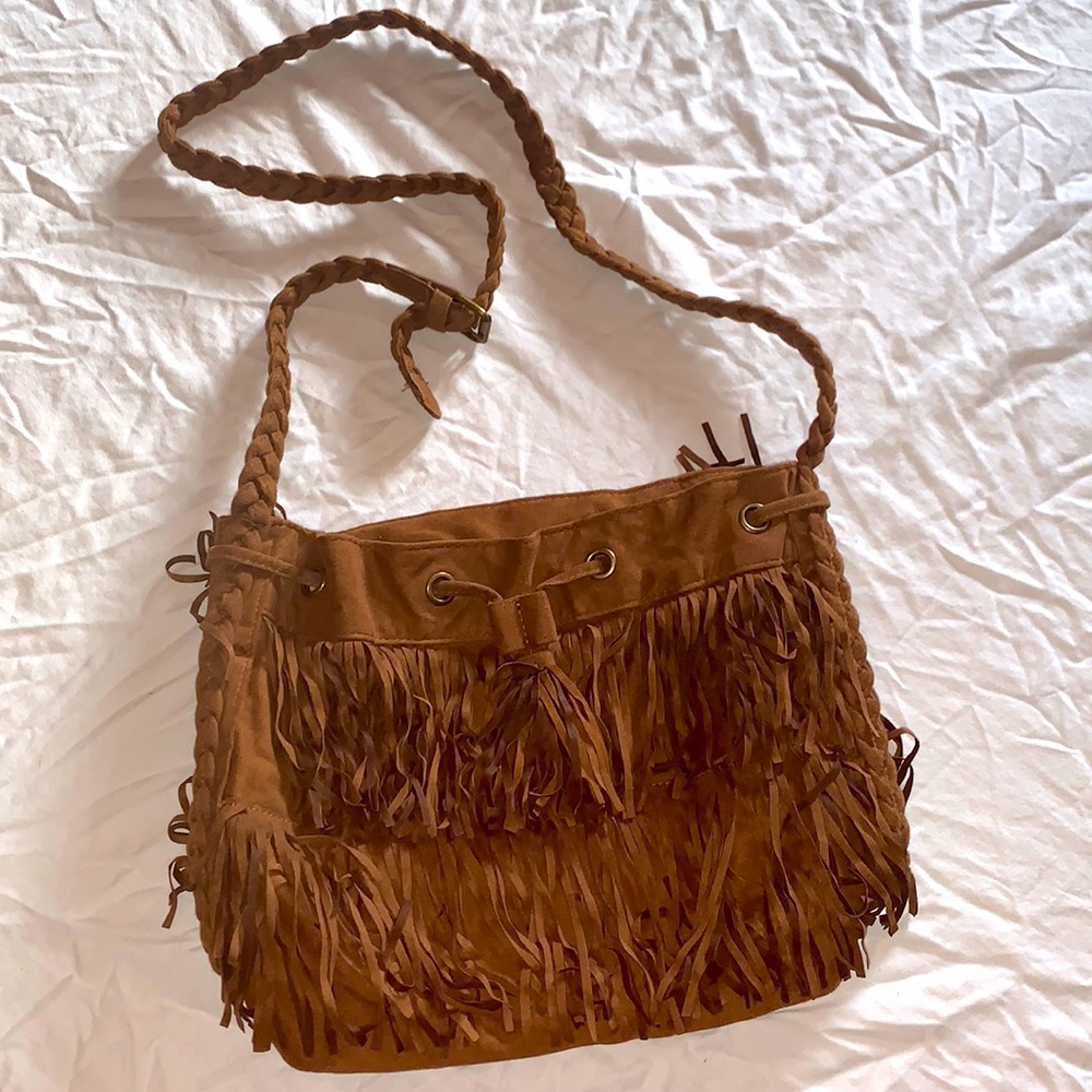 H&M Brown Suede Fringe Crossbody Bag